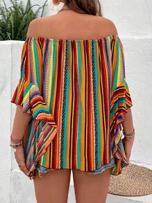 SHEIN VCAY Áo sơ mi Plus Size Xù Hình học Sọc Boho - Nhiều màu - Xem 2