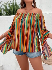 SHEIN VCAY Áo sơ mi Plus Size Xù Hình học Sọc Boho - Nhiều màu - Xem 3