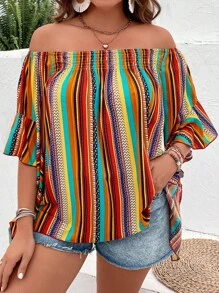 SHEIN VCAY Áo sơ mi Plus Size Xù Hình học Sọc Boho - Nhiều màu - Xem 4