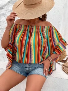 SHEIN VCAY Áo sơ mi Plus Size Xù Hình học Sọc Boho - Nhiều màu - Xem 6