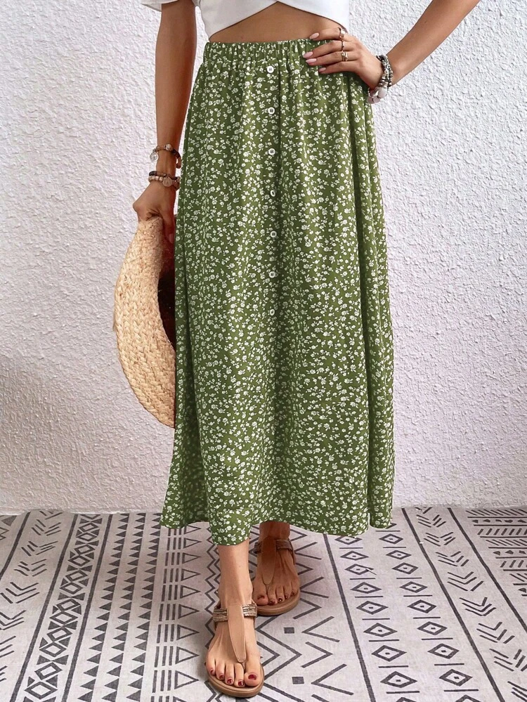 Women's Ditsy Floral Button Design Elastic Waist Casual Midi Skirt