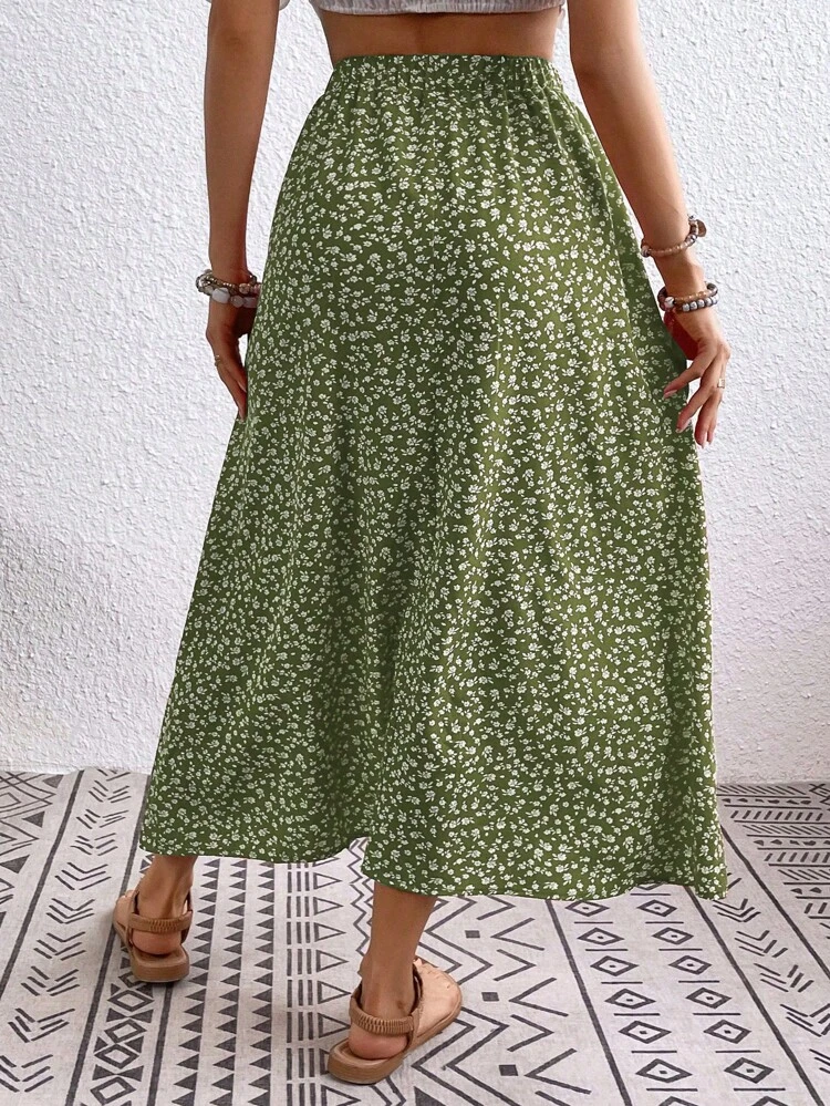 Women's Ditsy Floral Button Design Elastic Waist Casual Midi Skirt