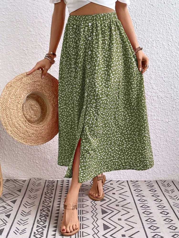 Women's Ditsy Floral Button Design Elastic Waist Casual Midi Skirt