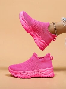 女性透氣一腳蹬素色老爹鞋,運動戶外織物運動鞋 - 粉色 - 查看 2