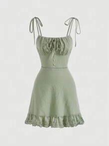 SHEIN MOD 肩上打結胸部褶皺拼接網眼刺繡荷葉邊吊帶連衣裙 - 薄荷綠 - 查看 1