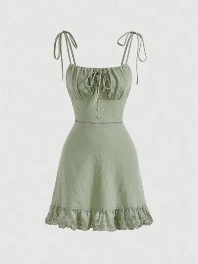 SHEIN MOD 肩上打結胸部褶皺拼接網眼刺繡荷葉邊吊帶連衣裙