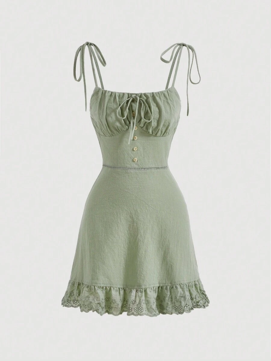 SHEIN MOD 肩上打結胸部褶皺拼接網眼刺繡荷葉邊吊帶連衣裙 - 薄荷綠 - 查看 1