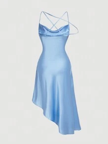 SHEIN MOD Solid Draped Collar Asymmetrical Hem Satin Cami Dress