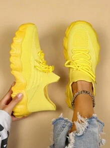 2025 Autumn Women Slip On Solid Lace Up Chunky Sneakers, Sporty Outdoor Fabric Sneakers - Yellow - View 2