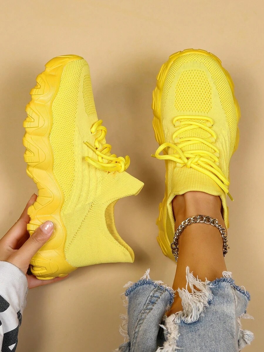 2025 Autumn Women Slip On Solid Lace Up Chunky Sneakers, Sporty Outdoor Fabric Sneakers