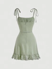 SHEIN MOD 肩上打結胸部褶皺拼接網眼刺繡荷葉邊吊帶連衣裙 - 薄荷綠 - 查看 2