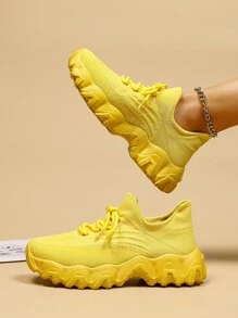 2025 Autumn Women Slip On Solid Lace Up Chunky Sneakers, Sporty Outdoor Fabric Sneakers - Yellow - View 3