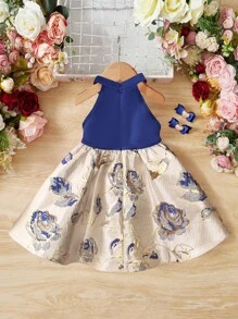 SHEIN Girls' Halter Neck A-line Dress With Texture Material Splicing - Multicolor - View 2