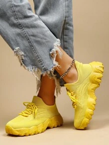 2025 Autumn Women Slip On Solid Lace Up Chunky Sneakers, Sporty Outdoor Fabric Sneakers - Yellow - View 4