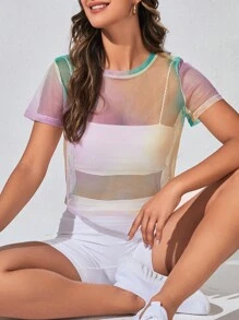 SHEIN Yoga Sxy 紮染漁網運動T恤不附胸罩 - 彩色 - 查看 1