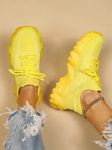 2025 Autumn Women Slip On Solid Lace Up Chunky Sneakers, Sporty Outdoor Fabric Sneakers - Yellow - View 5