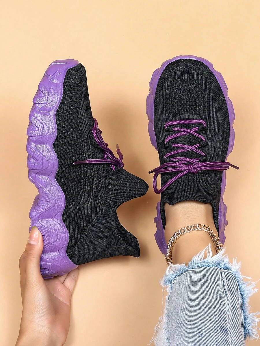 Women Slip On Two Tone Lace Up Chunky Sneakers, Sporty Outdoor Fabric Sneakers - Black - View 1