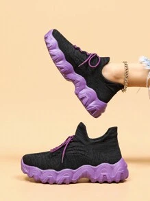 Women Slip On Two Tone Lace Up Chunky Sneakers, Sporty Outdoor Fabric Sneakers - Black - View 2