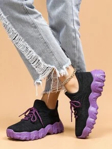 Women Slip On Two Tone Lace Up Chunky Sneakers, Sporty Outdoor Fabric Sneakers - Black - View 3