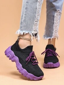 Women Slip On Two Tone Lace Up Chunky Sneakers, Sporty Outdoor Fabric Sneakers - Black - View 5