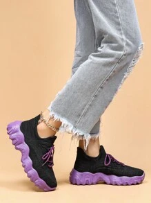 Women Slip On Two Tone Lace Up Chunky Sneakers, Sporty Outdoor Fabric Sneakers - Black - View 6