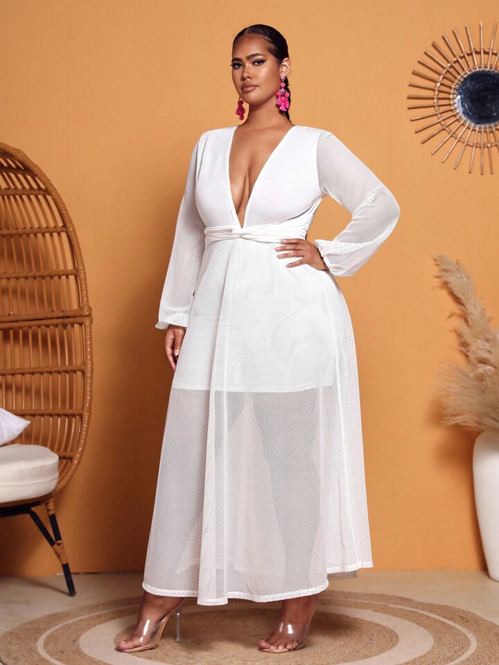 SHEIN Slayr Plus Plunge Neck Lantern Sleeve Mesh Dress