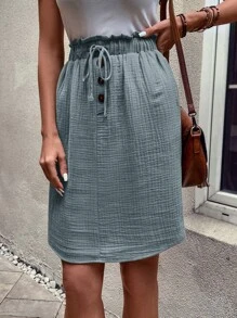 SHEIN LUNE 紙袋腰前打結隱藏口袋半身裙 - 霧霾藍 - 查看 3