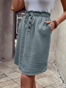 SHEIN LUNE 紙袋腰前打結隱藏口袋半身裙 - 霧霾藍 - 查看 4