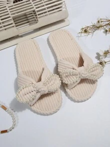 Dép bông giả ngọc trai dễ thương cho nữ, giày ấm áp chống trơn trượt trong nhà cho mùa thu và mùa đông, dép lông, dép bông. - Màu be - Xem 4