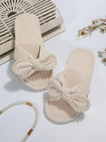 Dép bông giả ngọc trai dễ thương cho nữ, giày ấm áp chống trơn trượt trong nhà cho mùa thu và mùa đông, dép lông, dép bông. - Màu be - Xem 5