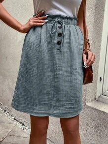 SHEIN LUNE 紙袋腰前打結隱藏口袋半身裙 - 霧霾藍 - 查看 6
