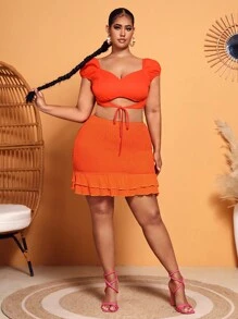 Slaydiva Váy Plus Size Viên lá sen Dải chun phân lớp màu trơn Giải trí - trái cam - Xem 3