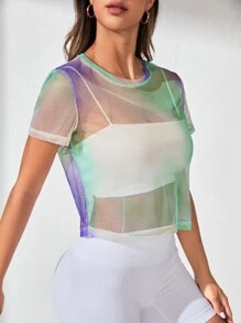 SHEIN Cheerettes Tie Dye Sheer Sports Tee Without Bra Gym Women Shirts - Multicolor - View 3