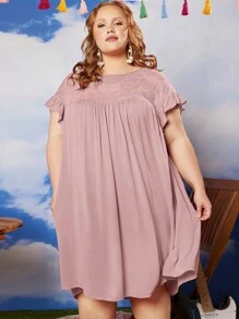 SHEIN CURVE+ Đầm Plus Size Tương phản ren Xù màu trơn Dễ thương - Bụi hồng - Xem 2