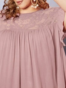 SHEIN CURVE+ Đầm Plus Size Tương phản ren Xù màu trơn Dễ thương - Bụi hồng - Xem 4