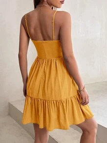 SHEIN PETITE Đầm Viên lá sen Dây kéo màu trơn Giải trí - Màu Mù tạt vàng - Xem 2