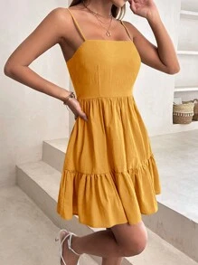 SHEIN PETITE Đầm Viên lá sen Dây kéo màu trơn Giải trí - Màu Mù tạt vàng - Xem 3