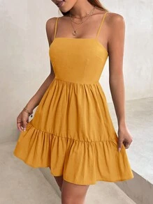 SHEIN PETITE Đầm Viên lá sen Dây kéo màu trơn Giải trí - Màu Mù tạt vàng - Xem 4