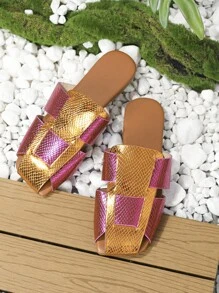 Women Two Tone Metallic Snakeskin Embossed Cut Out Square Toe Mule Flats, Glamorous Outdoor Flat Shoes - Multicolor - View 3
