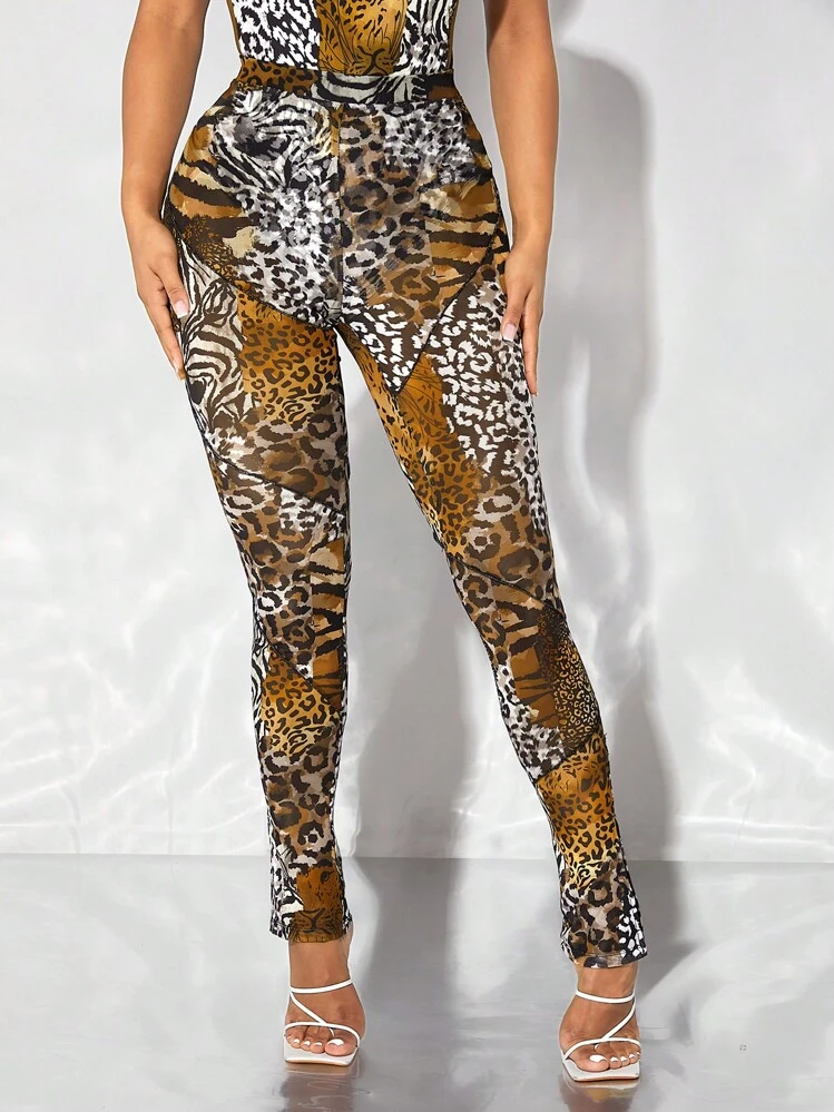SHEIN SXY מפוצל הדפס זברה הדפס מנומר קז'ואל טייטצים לנשים - ריבוי צבעים - ראה 3