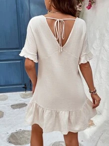 SHEIN VCAY 素色荷葉邊娃娃裙 - 米色 - 查看 2