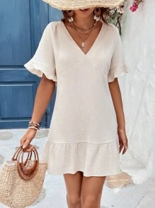 SHEIN VCAY 素色荷葉邊娃娃裙 - 米色 - 查看 4