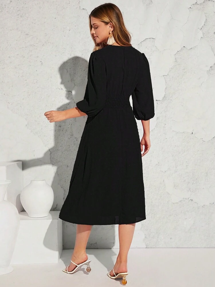 Swiss Dot Button Front A-Line Dress,Casual