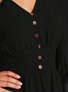 SHEIN LUNE 圓點前紐扣A字連衣裙 - 黑色 - 查看 5