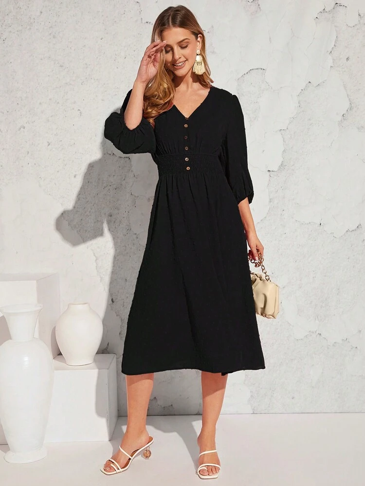 Swiss Dot Button Front A-Line Dress,Casual