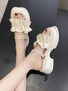 女士蕾絲和人造珍珠裝飾用品涼鞋,露趾露跟鞋涼鞋 - 米色 - 查看 2