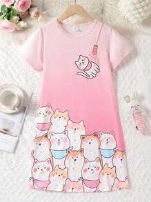 SHEIN 女孩卡通圖案T恤連衣裙 - 淺粉色 - 查看 1