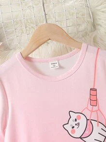SHEIN 女孩卡通圖案T恤連衣裙 - 淺粉色 - 查看 3