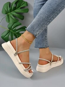 女性時髦厚鞋底休閒淺褐色的拖鞋帶水鑽裝飾 - 米色 - 查看 2