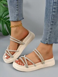 女性時髦厚鞋底休閒淺褐色的拖鞋帶水鑽裝飾 - 米色 - 查看 5